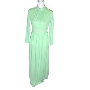 VTG Sears Mint Green Empire Waist Maxi Dress 1970's Prairie Boho‎ Cotagecore